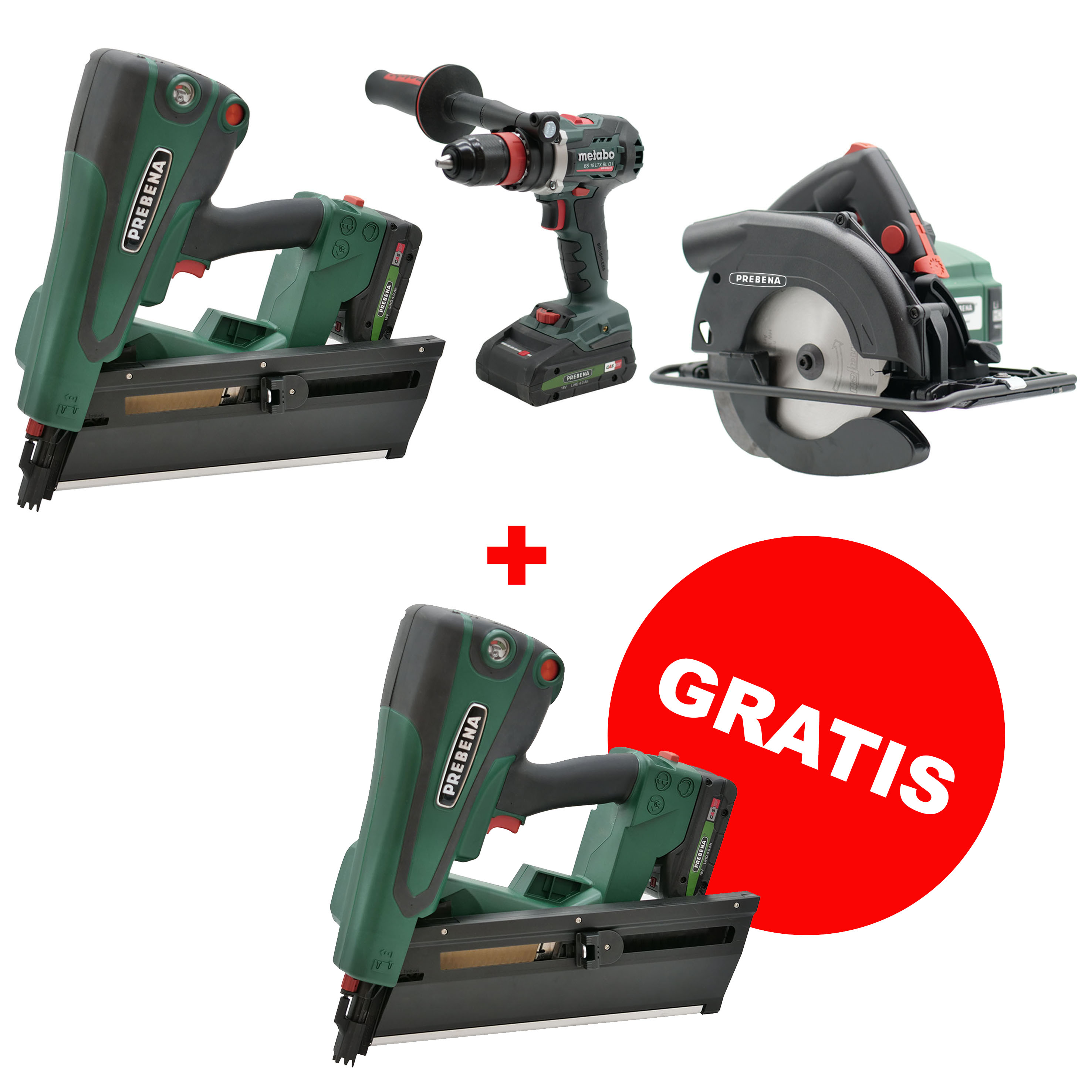 HOLZBAU-SET-PR - PKT-8-PR100 HYBRIDNAGLER, AKKU-HANDKREISSÄGE UND AKKU-BOHRSCHRAUBER